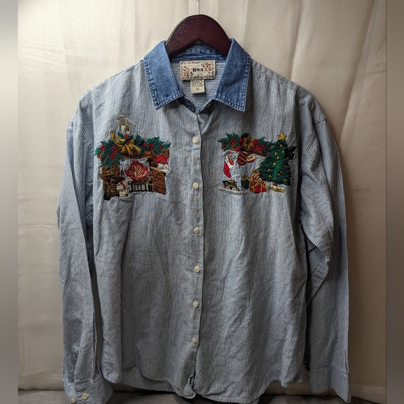 Vintage BSA Women Size Large Denim Embroidered Christmas Button Shirt Long Sleev - Picture 1 of 7